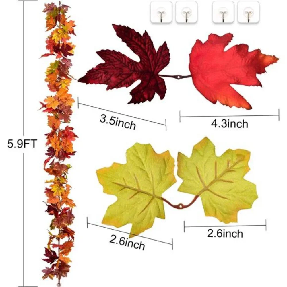2Pack Fall Garland Maple Leaf,5.9Ft/Piece Hanging Vine Garland Artificial Autumn